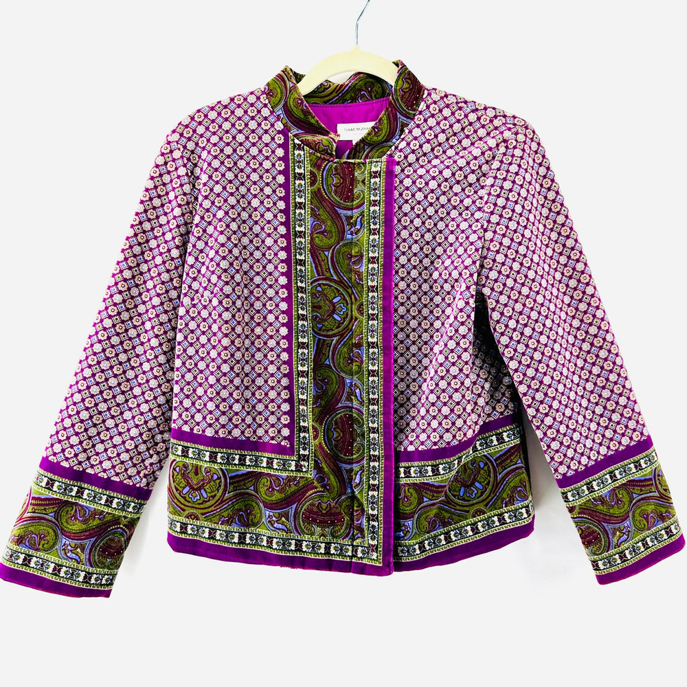 ISAAC MIZRAHI Purple Green VELVET Paisley Blazer Bohemian SUIT JACKET WOMENS M - Picture 2 of 11